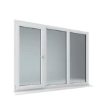 Binnenaanzicht kunststof 3-vaks kozijn, draaikiep links, vaste ramen rechts, wit profiel, HR++ glas